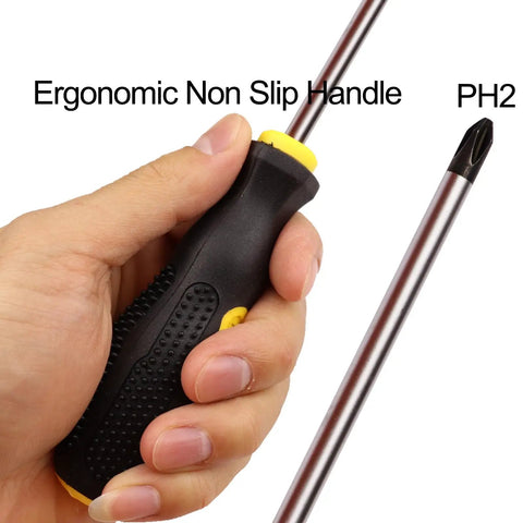 2 Pcs Rugged Phillips Screwdriver PH2 Magnetic Tip Non Slip Grip Chrome Vanadium Steel in hand showing ergonomic handle.