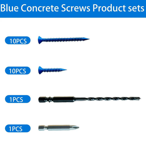 Blue Concrete Screws Kit With Drill Bit And Driver, 20 Pack Masonry Fasteners, screws, drill bit, and driver displayed