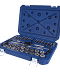 Metric Tap And Die Set 40 Piece With Heat Treated Taps And Dies For Hand Cutting in blue heavy duty blow molded case, open view