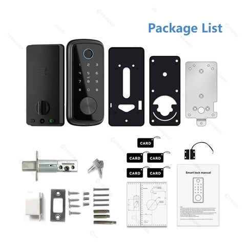 Rock Solid Wifi Smart Deadbolt Lock Loaded With Biometric Fingerprint Keypad Zigbee Hub And Mobile App Control For Bully Proof Front Door Security Zero Drama package components including lock, screws, manual