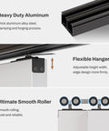 72 Inch Bypass Sliding Closet Door Hardware Track Kit in Heavy Duty Aluminum close-up showing aluminum, hanger, and rollers
