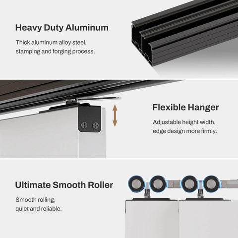 Close-up of a Heavy Duty Aluminum Bypass Barn Door Sliding Closet Hardware Track Kit With Soft Close Built To Last for wide openings.
