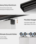 Close-up of 96-Inch Bypass Sliding Closet Door Hardware Track Kit, showing heavy duty aluminum track, flexible hanger, and rollers.