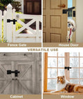 Barn Door Lock Hardware Heavy Duty Metal Gate Latch 3 Pack shown on a fence gate, house door, cabinet, and window for versatile uses.