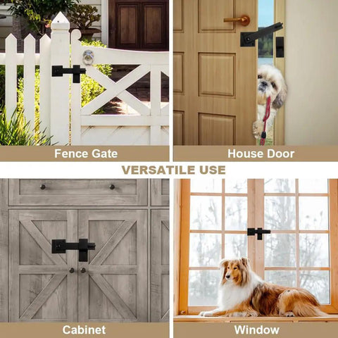 Barn Door Lock Hardware Heavy Duty Metal Gate Latch 3 Pack shown on a fence gate, house door, cabinet, and window for versatile uses.