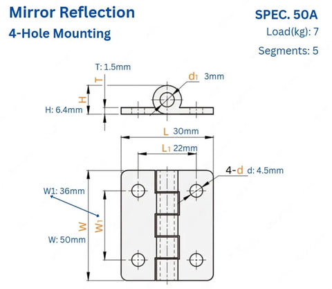 Diagram of Stainless Steel Cabinet Hinge Set 4 To 8 Hole Mini Butt Hinges Satin Nickel Finish with dimensions and measurements.