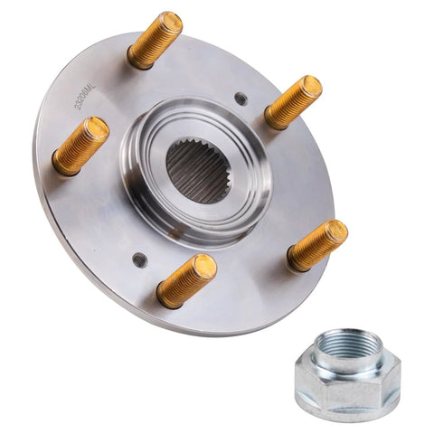 2 Piece Front Wheel Bearing And Hub Kit For Honda Accord Civic Element Tl Tsx And Acura Ilx Ride Ready Heavy Duty Hub Bearings Set With Sealed Bearings, showing a metallic wheel hub with five lug bolts and accompanying nut.