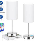 Set Of 2 Touch Control Table Lamps With 3 Way Dimming USB Ports And AC Outlet Brushed Nickel Bedside Lamps With White Shades For Bedroom Modern Nightstand Lighting 5000K LED Bulb Included, showing touch control and USB charging