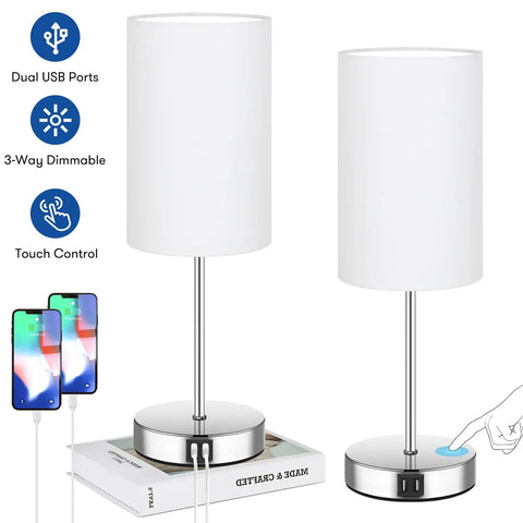 Set Of 2 Touch Control Table Lamps With 3 Way Dimming USB Ports And AC Outlet Brushed Nickel Bedside Lamps With White Shades For Bedroom Modern Nightstand Lighting 5000K LED Bulb Included, showing touch control and USB charging