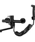 Wall Mount Kitchen Faucet In Matte Black With Side Sprayer, Heavy Duty Stainless Steel Commercial Mixer Tap, 8 Inch Center To Center