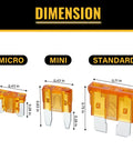 Dimensions of Straight Shooter 120 Piece Blade Fuses Assortment Kit showing Micro, Mini, and Standard fuses with measurements.