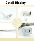 Detail view of Clear 10 Foot Extension Cord With Flat Plug For Indoor Use Slim 2 Prong Power Cable See Through Design For Christmas Lights Lamps And Home Decor 18 AWG 125V 10A.