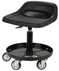 Rolling Shop Stool On Wheels For Mechanics With An Ergonomic Padded Seat And Built In Tool Tray Heavy Duty 300 Lb Capacity Easy Glide Rollers Durable Steel Frame Non Slip Footrests Multiple Styles in black, featuring a round base with wheels.