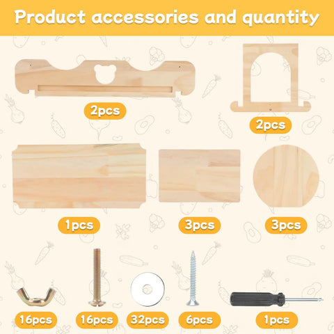 Premium Solid Pine Wood Chinchilla Suspension Bridge and Climbing Ledges accessory parts, including wooden platforms and screws.