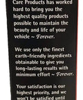 Side of packaging for Bumper And Trim Restore Kit With 4 Oz Cleaner Concentrate And Applicator Brush, featuring company philosophy text.