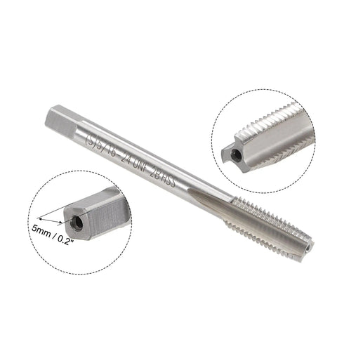Close-up of 5/16-24 UNF Tap And Die Set HSS Right Hand For Quick Thread Repair and Machining, showing threading detail and measurements.