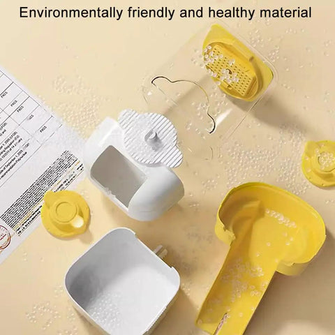 No Stress Hanging Pet Food And Water Bowl Combo For Cats Dogs And Small Rabbits Gravity Powered Cage Mounted Dispenser Holds 37 Oz components and trays in yellow and white.