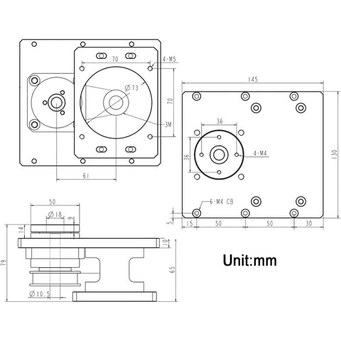 Professional Hollow Rotary Actuator Featuring Rock Solid Angular Precision And A Quick Adjust Belt Tension Knob technical drawing with dimensions.