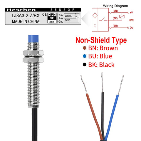 Inductive Proximity Sensor Switch M8 5V DC, 200mA Output, NPN Normally Open, 2mm Sensing, Non Shield Type, 3 Wire, 8mm Mount, 120cm Cable