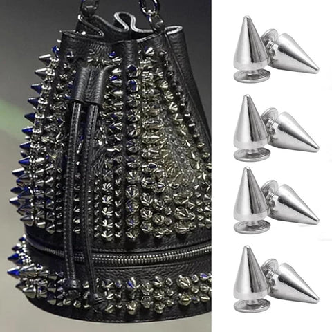 Ten 7x14mm metal cone spike screw-back studs for garments; silver finish shown with a studded bag.