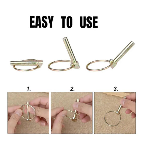 Heavy Duty Lynch Pin Set For Trailers And Mowers, 10 Piece 1/4 And M6 Hitch Pin Kit With Self Locking Ring, usage demonstration