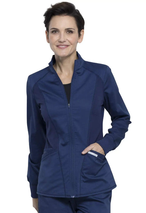 Woman wearing Women's Zip Front Scrub Jacket With High Low Hem, Mesh Detail, 3 Pockets, Ultra Soft 4 Way Stretch Medical Uniform Top, Navy