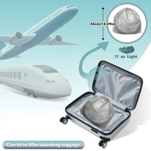 Ultra Lightweight Pop Up Mosquito Net Bed Tent packed in travel bag for easy transport, next to plane and train illustrations.