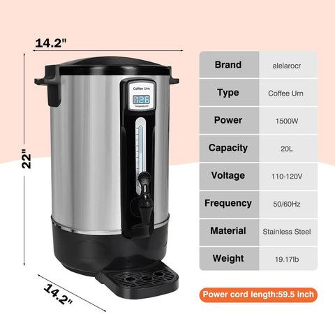 Real 100 Cup Big Batch Commercial Coffee Urn With 20L Stainless Steel And Double Wall Insulation, front view dimensions