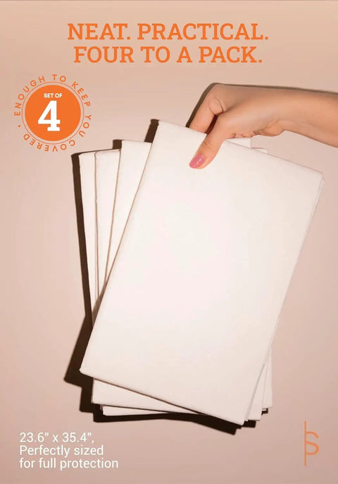 Hand holding set of four 23.6" x 35.4" Serious Absorption Handles Every Mess Waterproof Adult Bed Pads for protection.