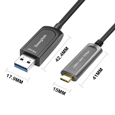 Heavy Duty 65 Foot Fiber Optic USB A To C Active Cable Cranks 10gbps Sync Speeds with USB A and C connectors.