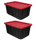 Heavy Duty 27 Gallon Storage Bin 2 Pack Large Plastic Container With Secure Snap On Lid, black bins with red lids.