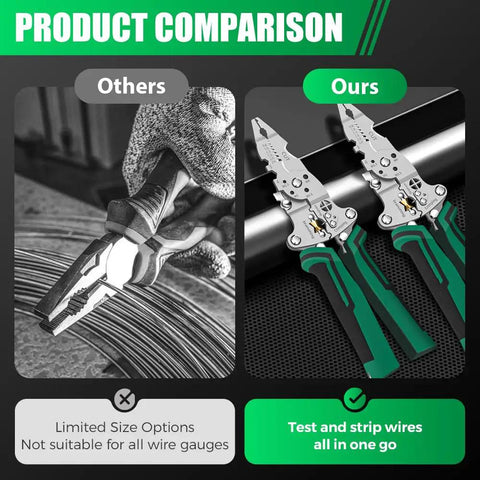 Comparison of our green handled Foldable Wire Stripper With Voltage Tester 6 In 1 Electrician Multitool and others.