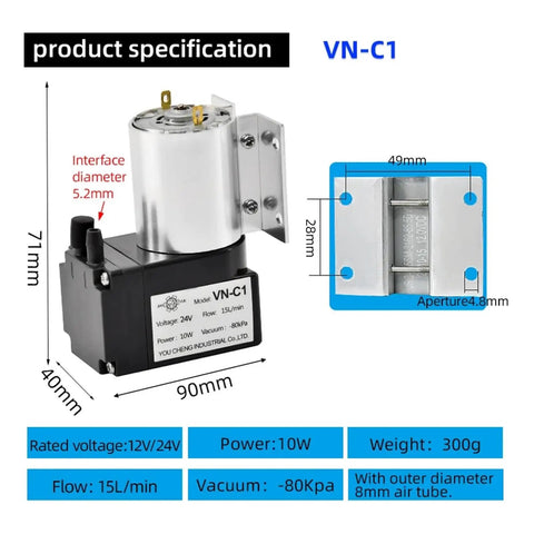 Awesome Vn-C1 12V 24V Electric Diaphragm Vacuum Pump For Negative Pressure Applications High Flow Rate 15L Min With Powerful 10W Motor Compact Design Ideal For Lab Or Industrial Tasks Reliable And Efficient Peristaltic Style Operation