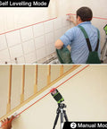 Self Leveling Laser Level With 360 Degree Horizontal Cross Line And Two Plumb Dots Up And Down Points in use for tile and stair alignment