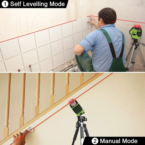 Self Leveling Laser Level With 360 Degree Horizontal Cross Line And Two Plumb Dots Up And Down Points in use for tile and stair alignment