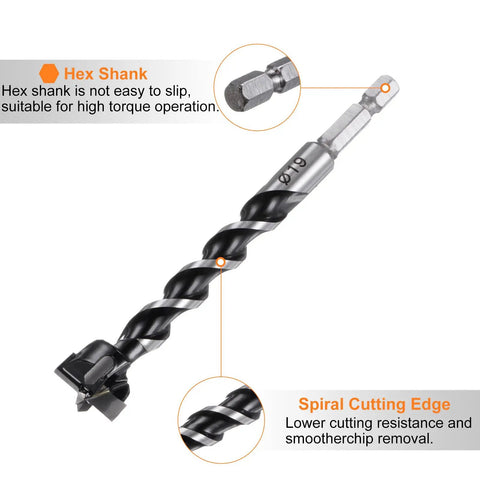 Premium Tungsten Carbide Forstner Drill Bit 3/4 Inch Hex Shank Heavy Duty showcasing hex shank and spiral cutting edge for precision.