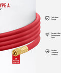 Coiled red air acetylene torch hose fifteen feet with a fitting for AR B and AR MC regulators, highlighting brass fittings and features.