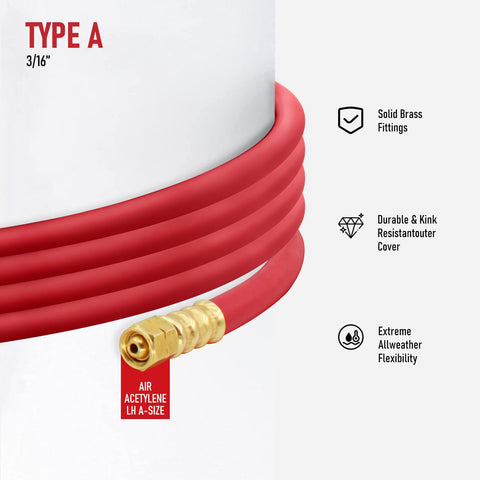 Coiled red air acetylene torch hose fifteen feet with a fitting for AR B and AR MC regulators, highlighting brass fittings and features.