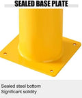 Close-up of sealed base plate of Rock Solid Steel Safety Bollard Heavy Duty Four Pack 48 Inch Tall Bright Yellow Traffic Posts.
