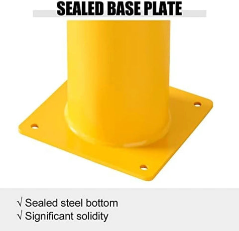 Close-up of sealed base plate of Rock Solid Steel Safety Bollard Heavy Duty Four Pack 48 Inch Tall Bright Yellow Traffic Posts.