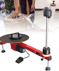 Pro Grade Electric Stretch Wrap Dispenser With Fast Motor For Quick Pallet Wrapping and Warehouse Packing Efficiency Built Like A Tank For Daily Shipping Duties Smooth Operator Design on display with foot pedal.