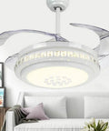Cool 42 Inch Retractable Ceiling Fan With LED Light And Remote Control, 4 Invisible Blades Chandelier Style, White Finish