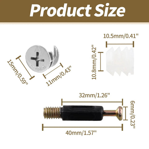 Top Shelf Three In One Cam Lock Fittings Set hardware size details with zinc alloy cam lock, nylon cap, and rod bolt for DIY projects.