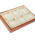 Premium Solid Wood Desktop Jewelry Organizer Tray With Divided Grid Compartments For Rings Necklaces Earrings And Watches Durable Storage Holder view showing six segmented beige compartments.