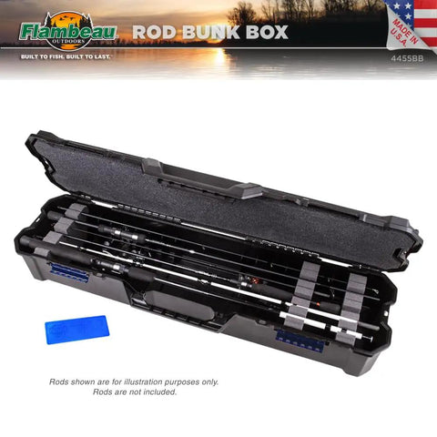 Rod Bunk Box Portable Fishing Rod Storage for Two 65 Ft Rods and Two Smaller Center Rods with Reels in Black Case