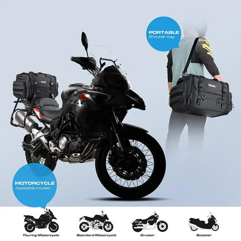 Expandable Motorcycle Tail Bag 60L Waterproof All Weather Travel Luggage for Trunk Rack shown mounted on motorcycle and carried