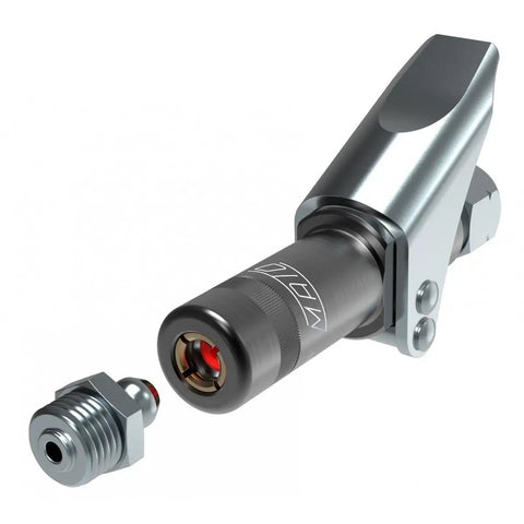 Close-up of SafeLock coupler component from One Hand Pistol Grip Grease Gun Kit with zinc plated finish for cars and trucks.