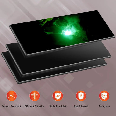 Top Shelf Shade 13 Welding Glass Lens Replacement Set Of Three Hardened Darkening Filter Plates Fits Like A Glove Standard Helmets Goggles 2 X 4.25 Inches Black showing three stacked lenses with green welding arc.