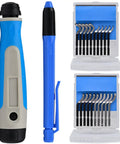 Top Rated Halyuhn 2 Handle Deburring Tool With 20 Pieces High Speed Steel And Cobalt Blades For 3D Prints Metals Plastics Copper Pipes PVC Resin Edge Trimming Burr Remover Kit For Pros, featuring a blue ergonomic handle and assorted blades.
