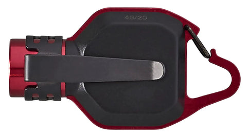Ultra Compact 325 Lumen USB Rechargeable Keychain Clip Light Red with carabiner clip, rear view